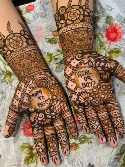 Celebrating a new arrival with special baby shower mehndi. I had so much fun creating this design with "Mom to be" and a playful "Girl or Boy?" motif right on the palms.