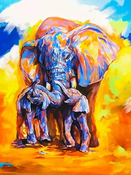 Titled 'Mother Love', this large 5 by 4 feet canvas shows the tender bond between an elephant and her calves. I used an abstract and colorful approach to convey emotion and the majesty of these incredible animals.