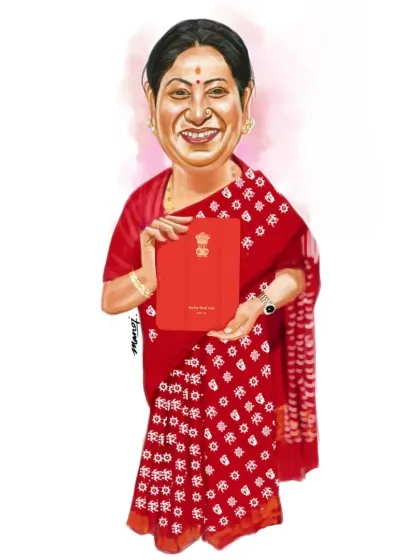 A caricature of Smt. Rekha Gupta, created for the Delhi Budget coverage in Navodaya Times.