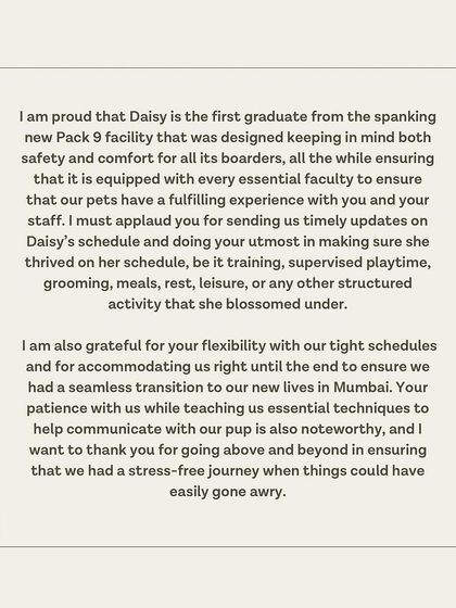 A testimonial from Daisy's guardian, praising our facility and the seamless transition we provided for their move to a new city.