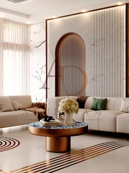 This living room design plays with curves and geometric patterns. The floor inlay guides the eye, while the textured wall panels add depth and character.
