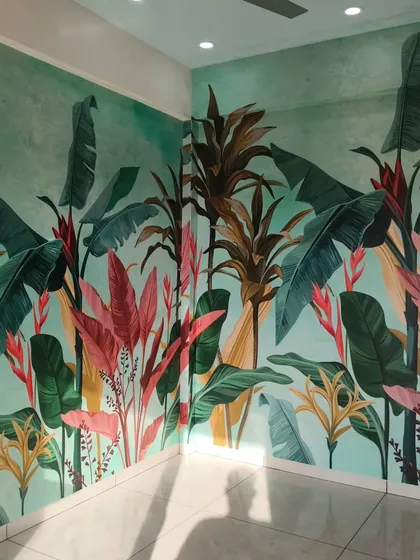 This corner-wrapping mural turns an entire room into a tropical paradise. The continuous design, filled with colorful leaves and plants, creates an immersive experience that is both bold and beautiful.