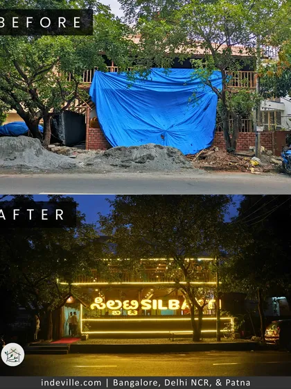 This before-and-after shot shows the journey of the Silbatti restaurant, which my team and I built entirely from scratch using bamboo. It's a testament to my passion for sustainable architecture and creating unique, large-scale commercial landmarks.