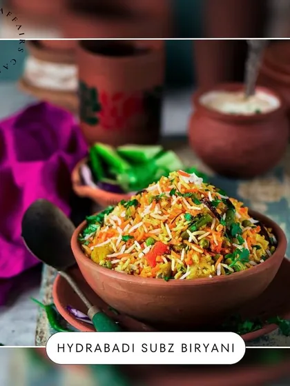 For my vegetarian guests, the Hyderabadi Subz Biryani is a must-try. This aromatic rice dish is cooked with a medley of vegetables and fragrant spices, served traditionally in an earthen bowl.