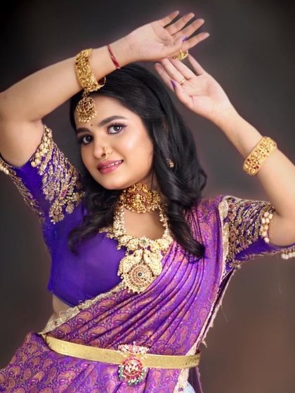 A series of photos featuring a model in a purple saree, wearing our antique temple jewellery. The theme is inspired by Lord Krishna, showing how our jewellery can be used for festive and devotional looks.