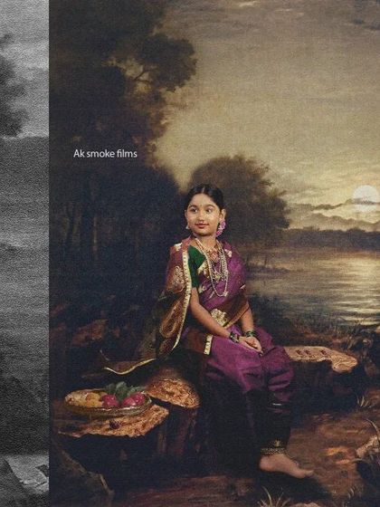 A collage from our Raja Ravi Varma series, showing the final edited image that mimics a lakeside painting, along with the studio shot.