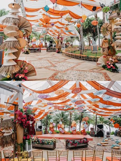 A collage of a large-scale mehendi setup with an orange and white color scheme. The decor features a draped ceiling, hanging umbrellas, and various seating arrangements, perfect for a grand celebration.