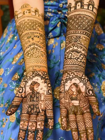 A complete bridal design featuring regal portraits of the couple on each palm. The arms are adorned with traditional motifs, including architectural elements, creating a truly grand statement.