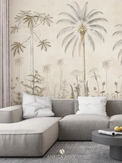 A serene tropical wallpaper with digitally hand-illustrated botanicals in soft, muted tones. This design is perfect for creating a sophisticated and calming living space.