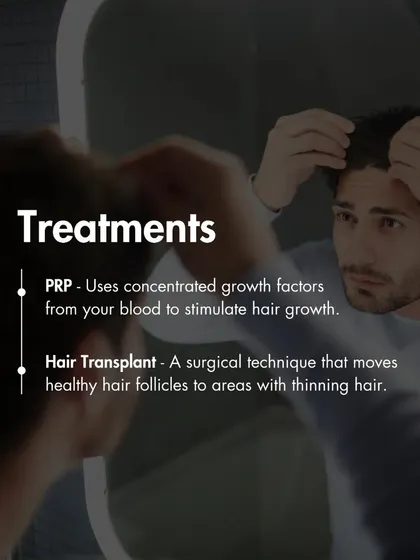 My primary treatments for hair loss are PRP and hair transplants. PRP is a non-surgical option that uses your blood's growth factors to stimulate follicles, while a transplant is a surgical technique that moves healthy follicles to thinning areas for a permanent fix.