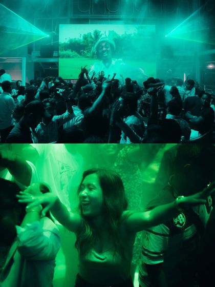 More artistic shots of the VJ screen and dancers under green lights.