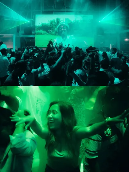 More artistic shots of the VJ screen and dancers under green lights.