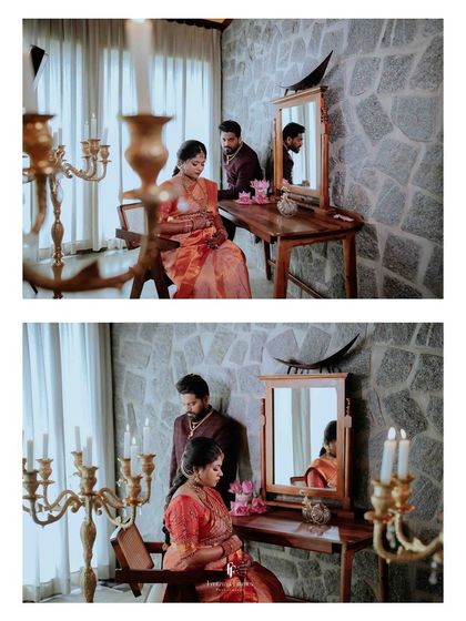 A two-panel collage showing the couple in a room with warm, candle-lit ambiance. These shots capture their interaction and the romantic, cozy atmosphere of the indoor session.