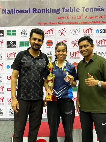 Celebrating Naisha Rewaskar's achievement at the 1st National Ranking tournament with her mentor. This picture reflects the strong support system we build around our players, involving coaches and mentors who guide them at every step.