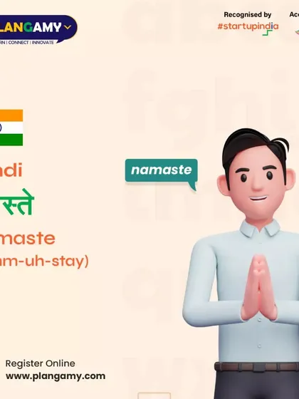 This graphic teaches the traditional Indian greeting 'Namaste', showing the gesture and pronunciation.