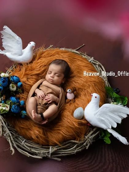 This creative setup features a newborn nestled in a bird's nest prop, surrounded by doves and flowers. It creates a beautiful, symbolic image of a new life just beginning.