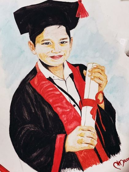 A close-up of a watercolor and acrylic portrait commissioned for a young boy's birthday. This medium allows for a softer, more illustrative style.