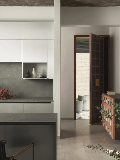 A view from the minimalist kitchen into the entryway of Pavilion House. The design uses clean lines and a monochrome palette, with a custom wooden console adding a touch of warmth and organic texture to the space.