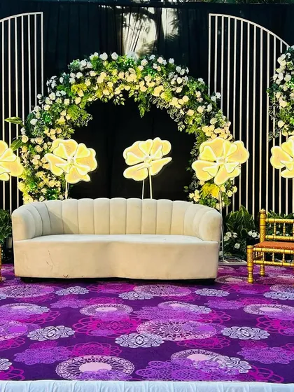 We can adapt our designs to fit different ceremonial needs. Here, we've added traditional low seating (bajots) to the stage for wedding rituals.