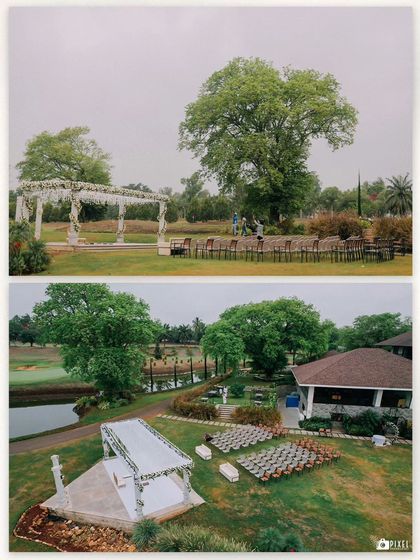 Drone shots of the stunning outdoor wedding setup at the resort, showcasing the beautiful landscape.