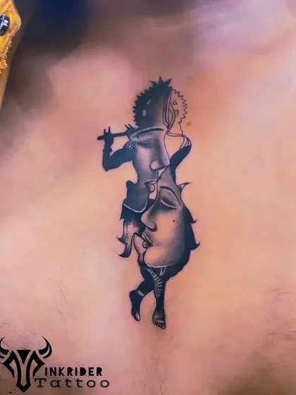 This chest piece captures the divine love of Radha and Krishna in a single, artistic form. The design merges their figures, symbolizing unity and spiritual connection.