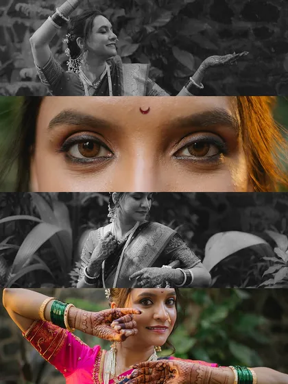 A creative collage showcasing the grace of a Maharashtrian bride who is also a Bharatnatyam dancer. We combined close-ups of her expressive eyes with elegant dance poses to tell a richer story.