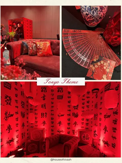A "Tokyo Theme" moodboard, showcasing a dramatic and immersive design with a bold red color palette, Japanese calligraphy, and traditional lanterns.
