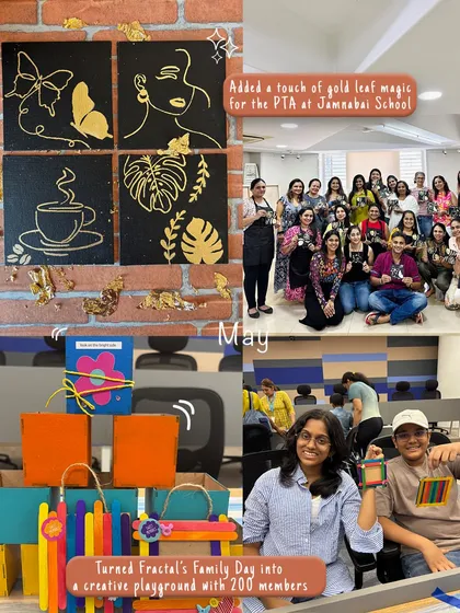 Highlights from a busy month, including a gold leaf magic workshop for the PTA at Jamnabai School and a massive creative event for Fractal's Family Day with 200 members.