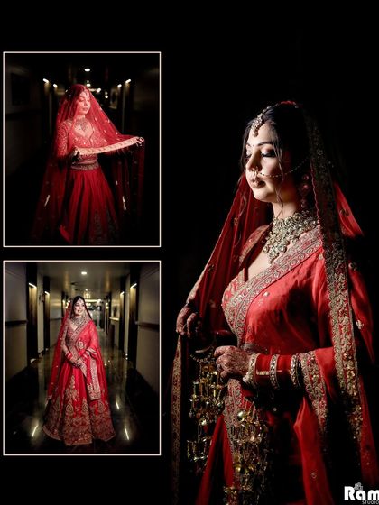 A collage of the bride's portraits in a hallway, using dramatic lighting to create a series of stunning and moody images.