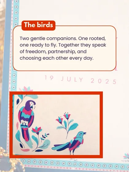 The two birds in this design are gentle companions. One is rooted, and one is ready to fly, together representing freedom, partnership, and the choice to be with each other every single day.