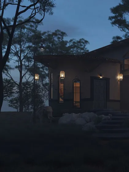 The strategic placement of exterior lights highlights the architectural forms and textures after dark. This view of a guest unit entrance shows how soft lighting can create a sense of welcome and security without disturbing the natural ambiance.