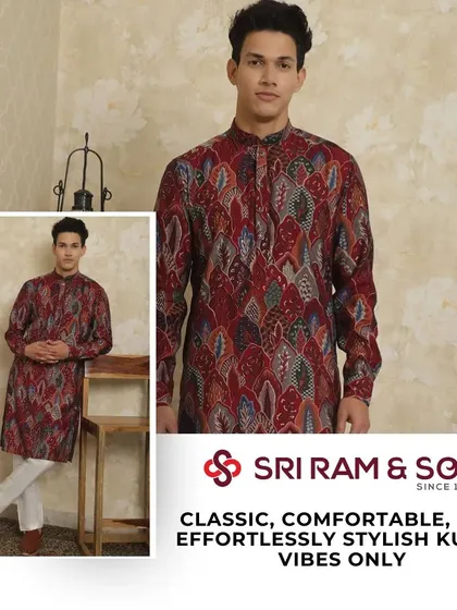 Honor tradition with a classic kurta pajama. This red printed kurta is perfect for any gathering, offering comfort and a touch of grace for an easy-going, stylish look.