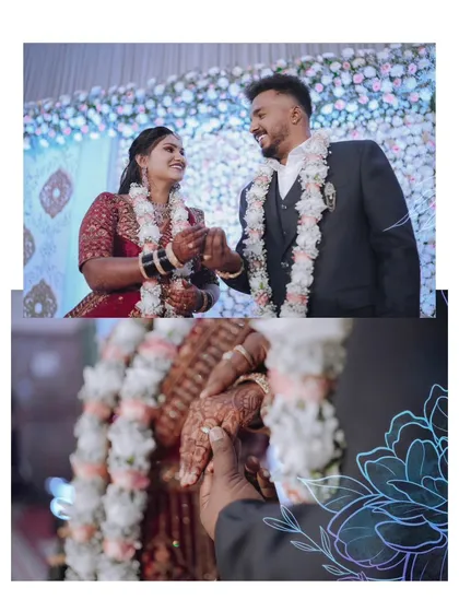 A collage capturing the intimate moment of the ring exchange during an engagement or reception. The close-up on the hands tells a beautiful story of commitment.