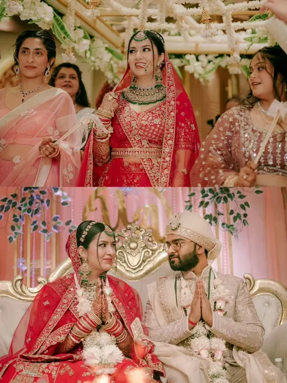 A collage capturing the bride's grand entrance and a serene moment of the couple seated together, greeting their guests with a 'namaste'.