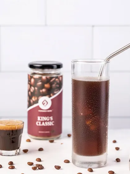 A shot of classic iced black coffee, showcasing the fake condensation I created. This technique ensures the drink looks chilled and refreshing throughout a long shoot without using real ice that melts.