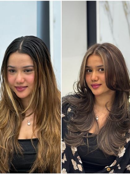 This client needed a refresh. We corrected the grown-out highlights and gave her a new cut for a polished and stylish look.