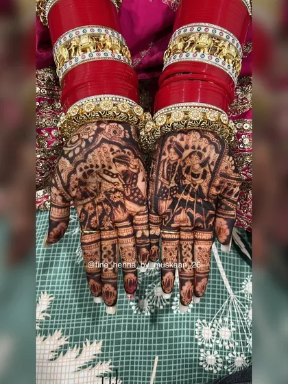 The magic is in the stain. This is the result of my all natural henna paste after it develops, a deep, rich maroon that looks stunning with the traditional bridal chura. Mashallah, what a colour.