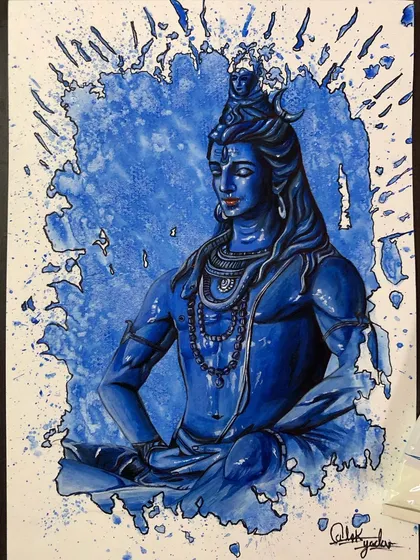 A painting of Lord Shiva done with blue acrylics in a splash art style. This technique gives the piece a modern and dynamic feel while honoring his powerful presence.