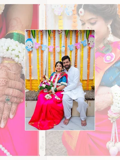 A creative collage from the baby shower, blending a close-up of the bride's hands with a portrait of the couple.