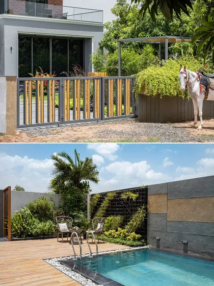 A glimpse into the varied experiences at Tranquil Mango Haven. The top view shows the custom gate and entryway planting, while the bottom reveals the private pool area, designed as a sanctuary with a living green wall and natural stone accents.
