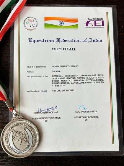 A proud moment for our trainer Bharath, who secured 2nd place in the National Equestrian Championship Novice Show Jumping event with Divadia.