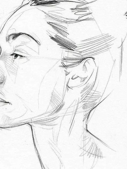 A profile view sketch demonstrating the use of line weight and minimal shading to define facial planes. Our classes build your confidence in creating strong, structured drawings from any angle.