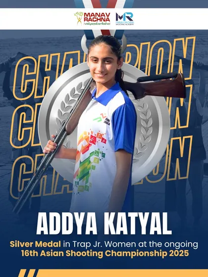 A moment of individual brilliance. This graphic celebrates Addya Katyal's Silver Medal win in the Trap Junior Women event at the 16th Asian Shooting Championship, showcasing her skill and composure.