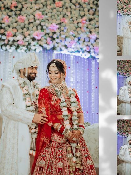 A collage of the couple on their wedding stage, capturing different angles and their happy expressions.
