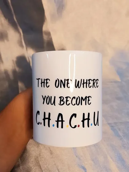 "The One Where You Become C.H.A.C.H.U." How fun is this custom mug we made for a pregnancy announcement? It's a playful way to share the joy with your loved ones.