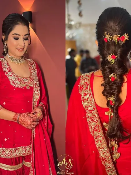 A clear, glass skin makeup look on my gorgeous engagement bride. This collage shows her radiant makeup and a beautiful, intricate braid adorned with small flowers.
