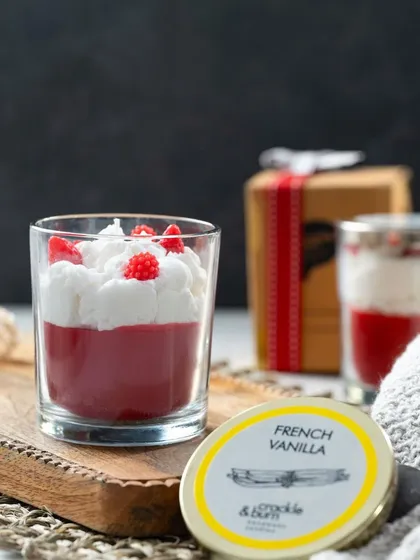 Doesn't this look delicious? This is my Raspberries & Cream dessert candle, scented with a blend of mulberry and French vanilla. It’s a treat for the eyes and the nose, without any of the calories!
