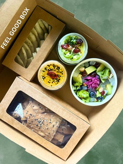 The Feel Good Gift Box is designed to be a hug in a box. It’s a wholesome and delicious combination of my creamy hummus, tangy sour cream, za’atar-spiced pita bread, crispy lavash, and a fresh, vibrant salad. It's the perfect way to send some good vibes and show someone you care.
