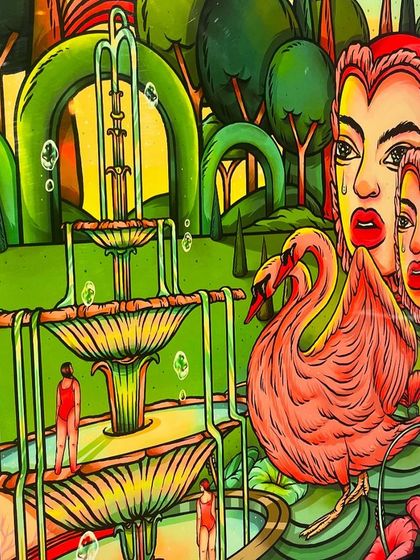 A photo of the 'Love Be Love Go' artwork displayed in a gallery, showing the final printed piece and its impact in a physical space.