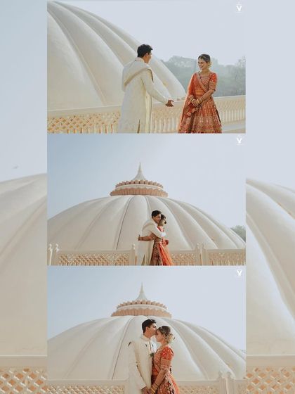 A sequence of images capturing the couple's first look against the stunning architecture of Indana Palace. The grand dome in the background creates a truly epic and memorable scene.